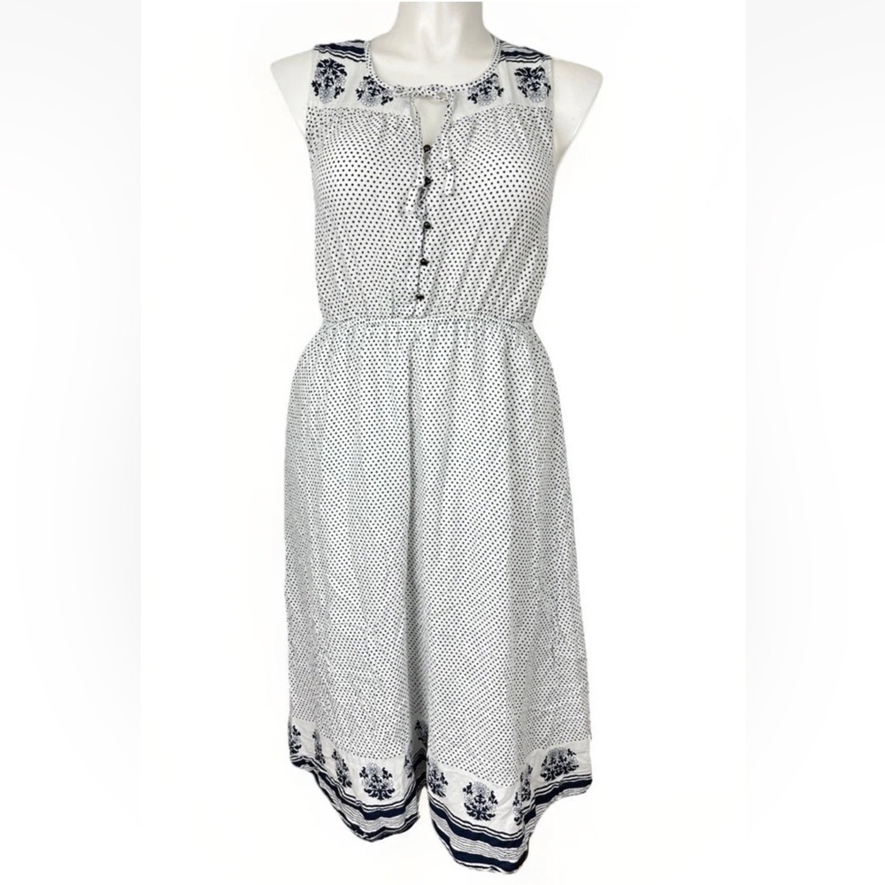 Lucky Brand Women’s Polka Dots Peasant Dress size Large L White Navy